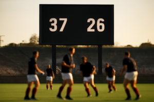 Papan skor stadion rugby dengan pemain bersiap di lapangan