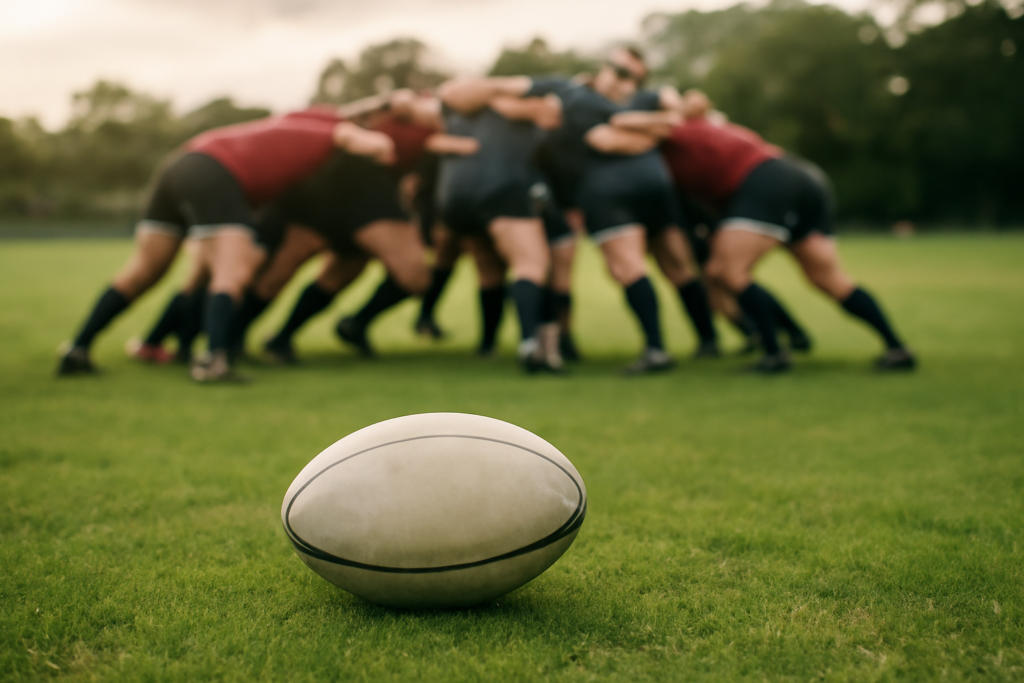 Bola rugby di atas rumput lapangan dengan barisan pemain scrum di belakang