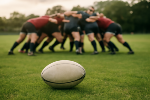 Bola rugby di atas rumput lapangan dengan barisan pemain scrum di belakang