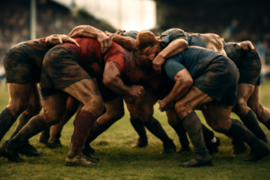 Pemain rugby sedang membentuk scrum di lapangan rumput saat pertandingan berlangsung