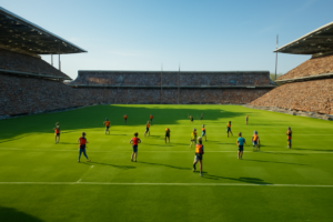 Suasana stadion rugby dengan penonton dan lapangan hijau sebelum pertandingan dimulai