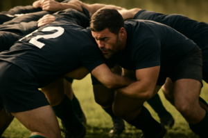 Pemain hooker rugby sedang mengait bola dalam scrum