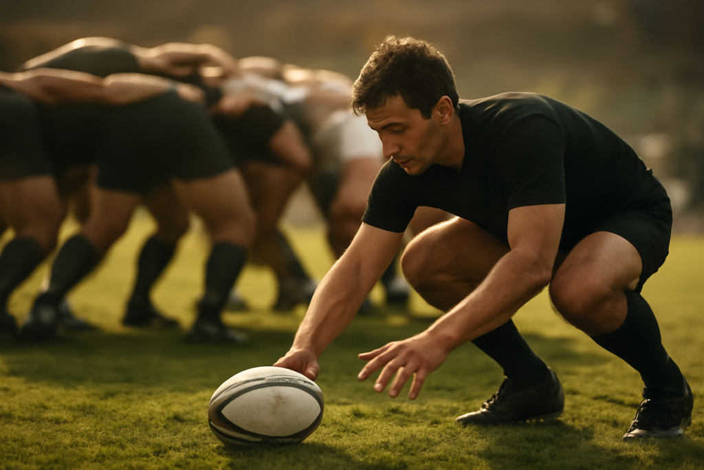 Pemain scrum half rugby mengambil bola di samping formasi scrum saat pertandingan