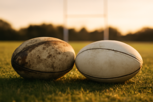 Dua bola rugby di lapangan rumput saat sore hari sebagai ilustrasi perbandingan rugby union dan rugby league