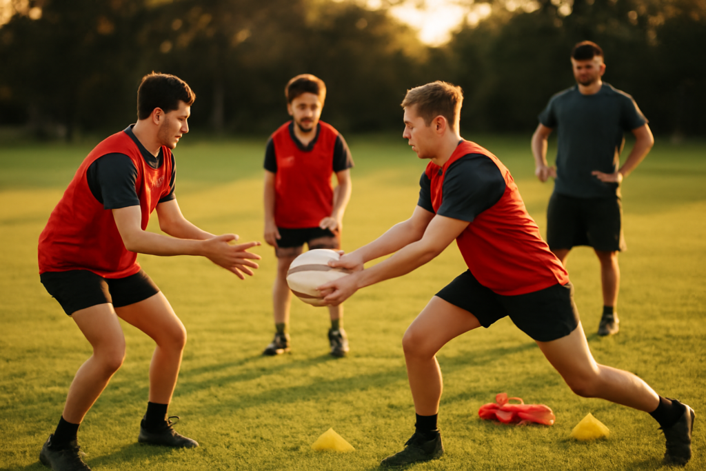 Pemain pemula berlatih passing bola rugby di lapangan rumput pada sore hari